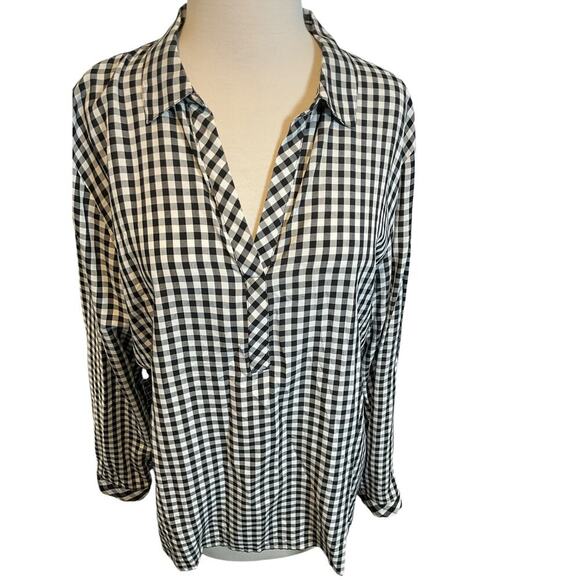 J. Jill Womens Black White Buffalo Check Spring Popover Blouse Large Long Sleeve - Picture 2 of 10